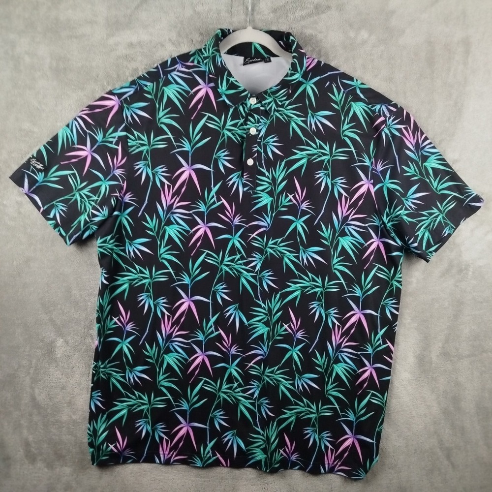Sunday Swagger Tahiti Hawaiian Black Polo Shirt Mens 2XL Golf Floral Teal Bamboo